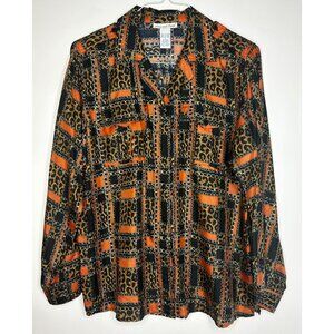 Vintage Anna and Frank Silk Blouse L Animal Print & Chain Pattern Orange Black